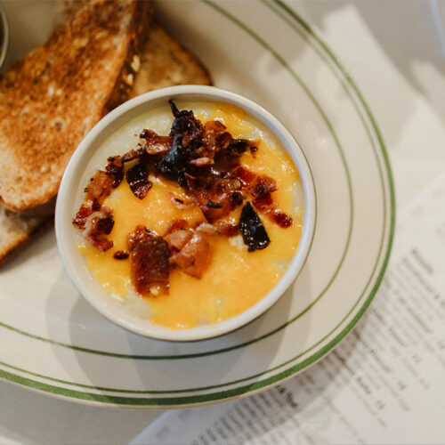 A cup of grits and toast at Viola Cafe in Three Oaks, Michigan.