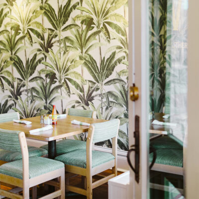 Walking through the front door of Viola Café in Three Oaks, Michigan.