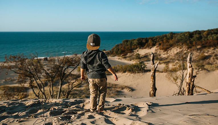 Standing on top of a towering dune at Warren Dunes State Park in Sawyer, Michigan