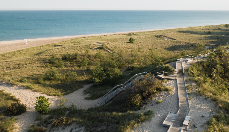 An aerial view of New Buffalo Beach in New Buffalo, Michigan