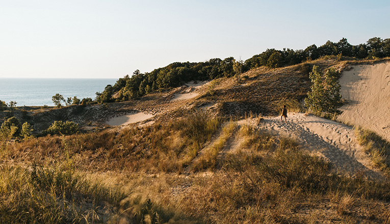 A woman stands on top of a dune at Warren Dunes State Park in Sawyer, Michigan