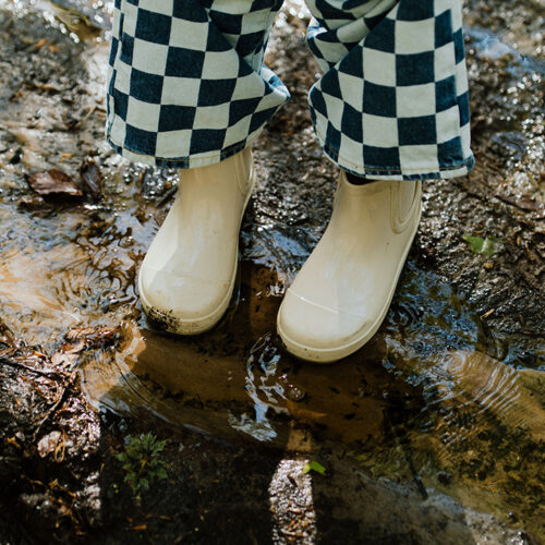 Rain boots in a muddy puddle at Warren Woods State Park in Sawyer, Michigan