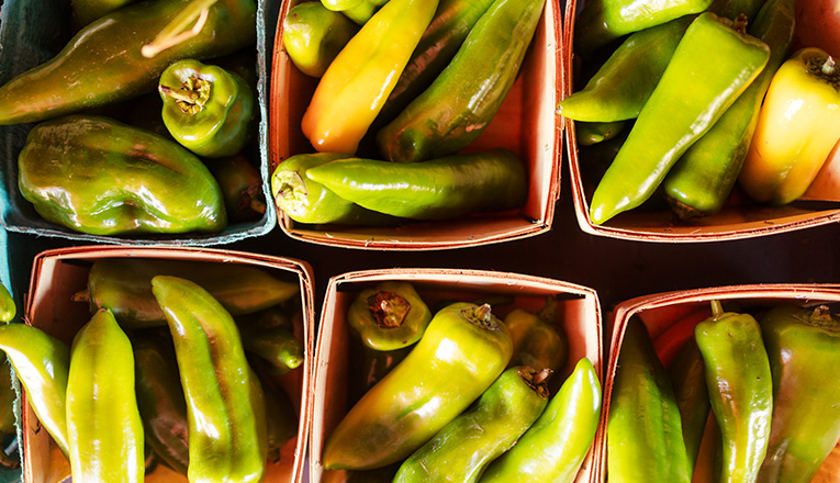 Baskets of peppers at Granor Farm store in Three Oaks, Michigan
