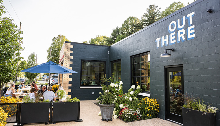 A lively patio at Out There in Sawyer, Michigan