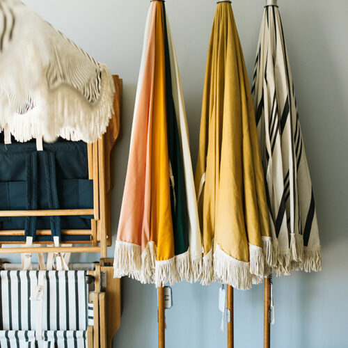 Beach umbrellas and beach chairs at BEACH pop-up in New Buffalo, Michigan