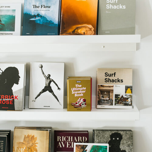 Surf coffee table books on display at Book Shore in New Buffalo, Michigan