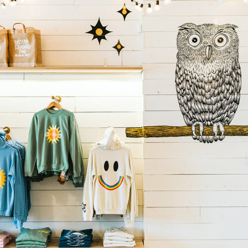 Graphic sweatshirts hang next to a painting of an owl on the wall at Eastern Standard Time in New Buffalo, Michigan
