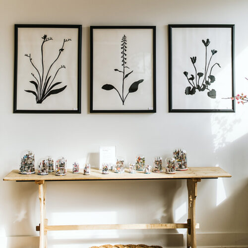 Black and white plant paintings hang on the wall at Lakeside Goods in New Buffalo, Michigan