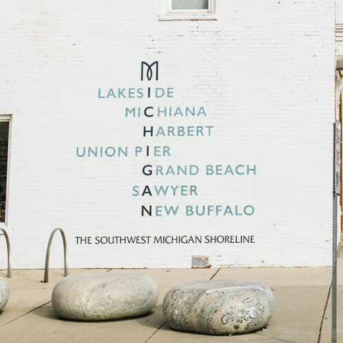 A mural displaying the name of beaches along the Southwest Michigan Shoreline at Lakeside Goods in New Buffalo, Michigan