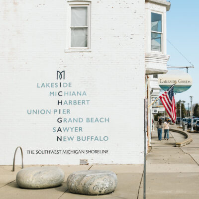 A mural displaying the name of beaches along the Southwest Michigan Shoreline at Lakeside Goods in New Buffalo, Michigan
