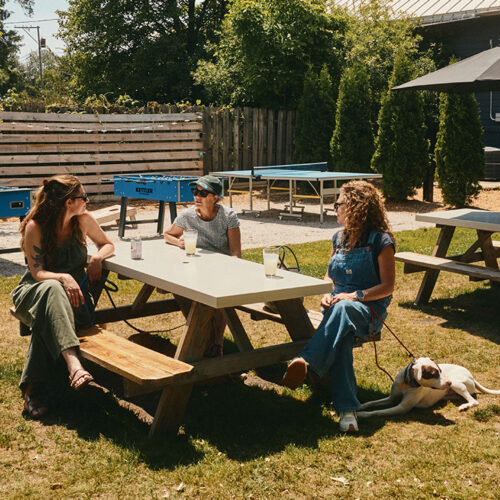 A group with their dogs sit outside at SideYard in Sawyer, Michigan