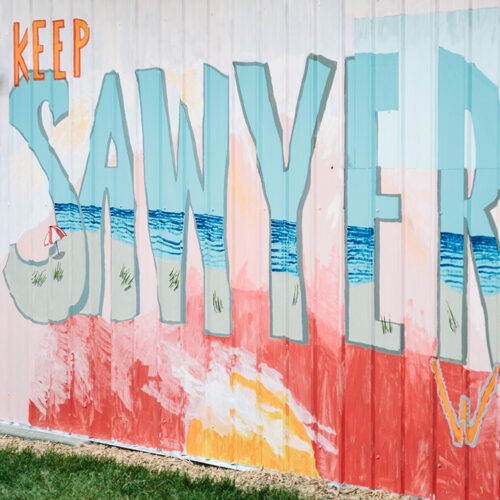 A mural that reads 