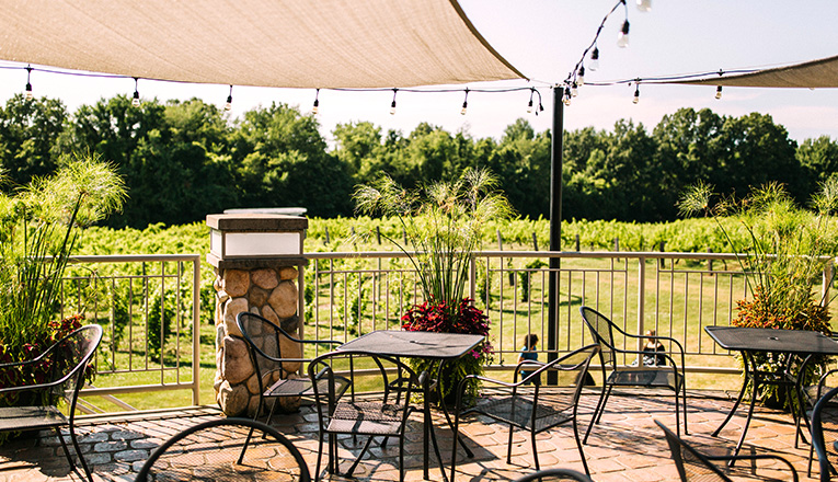 The outdoor patio overlooks the vineyard at Tabor Hill in Buchanan, Michigan