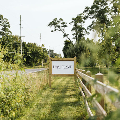 A roadside sign that says Homecamp Flower Farm amongst greenery and a wooden fence.