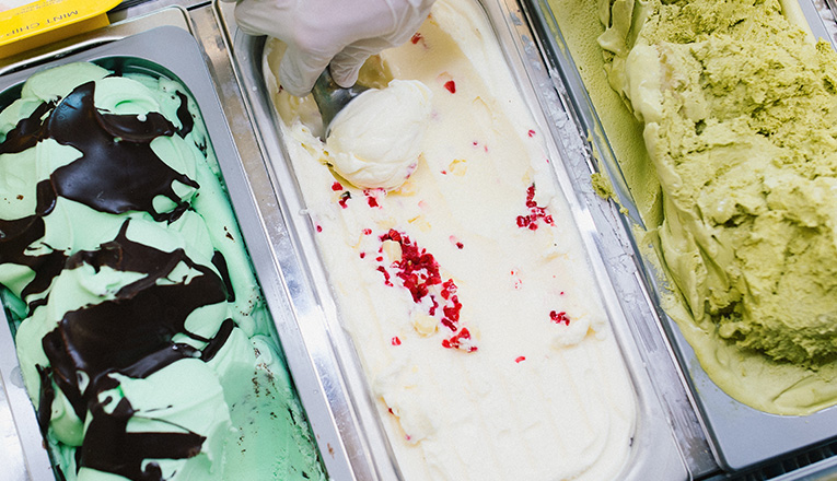 An assortment of gelato at Neon Moon Gelato in Union Pier, Michigan