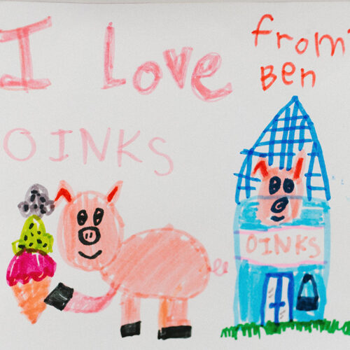 A child's drawing of Oinks Dutch Treat in New Buffalo, Michigan