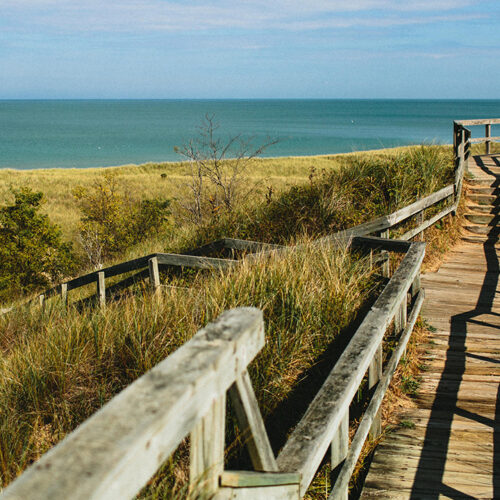 A view of the dunes and Lake Michigan from the boardwalk at New Buffalo Beach