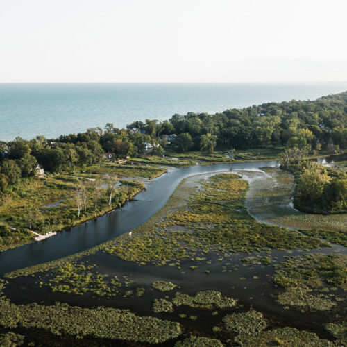 An aerial shot of the winding Galien River in New Buffalo, Michigan