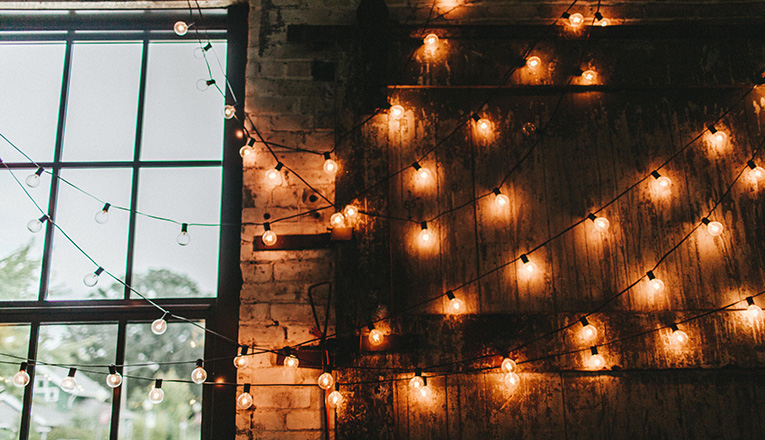 Twinkling string lights at Journeyman Distillery in Three Oaks, Michigan